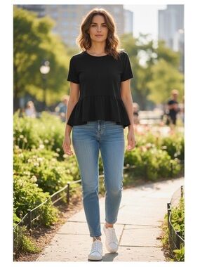 J.Crew Peplum Top Women Black Short Sleeve Cotton H6119 Size M